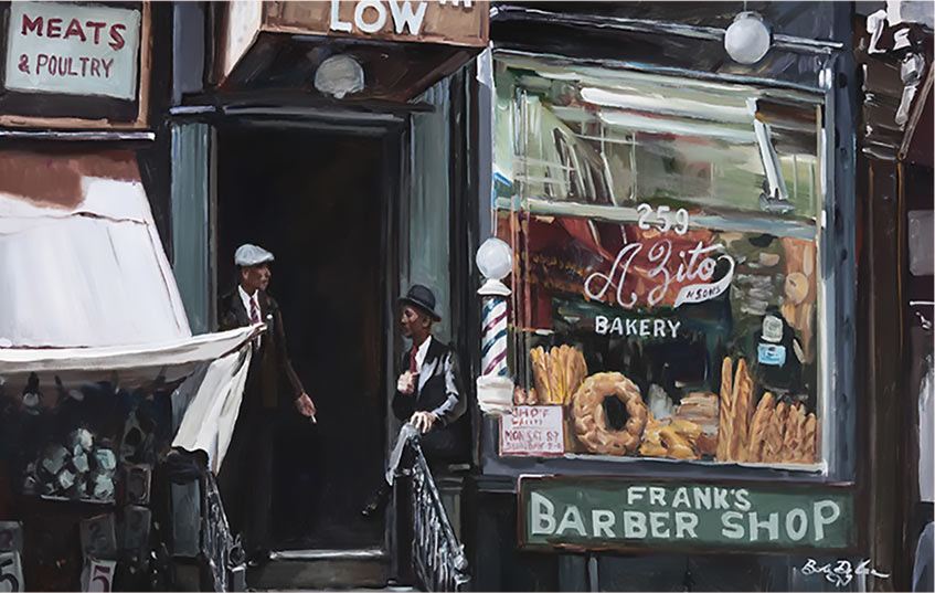 two men standing in front of shops one is a barber shop and the other is a bakery featuring meats and pastries